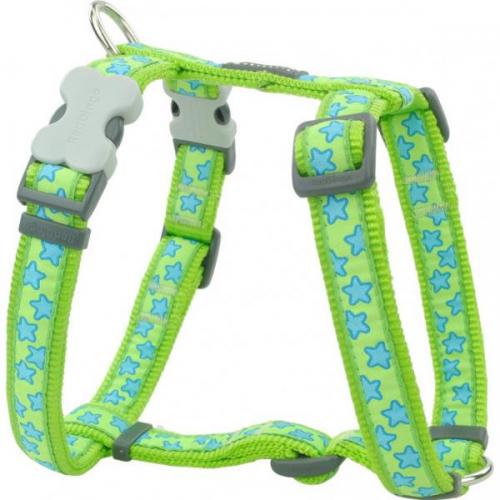 Red Dingo postroj malý se vzorem - Stars Turquoise on Lime Green