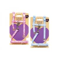 Postroj pro kočky - střední - růžová/modrá - kytičky